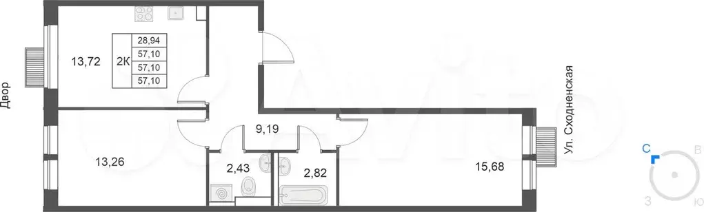 2-к. квартира, 57,1м, 2/25эт. - Фото 0