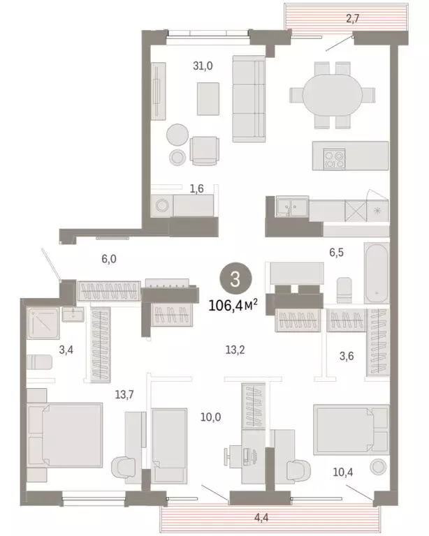 3-комнатная квартира: Омск, Кировский округ (106.4 м) - Фото 1