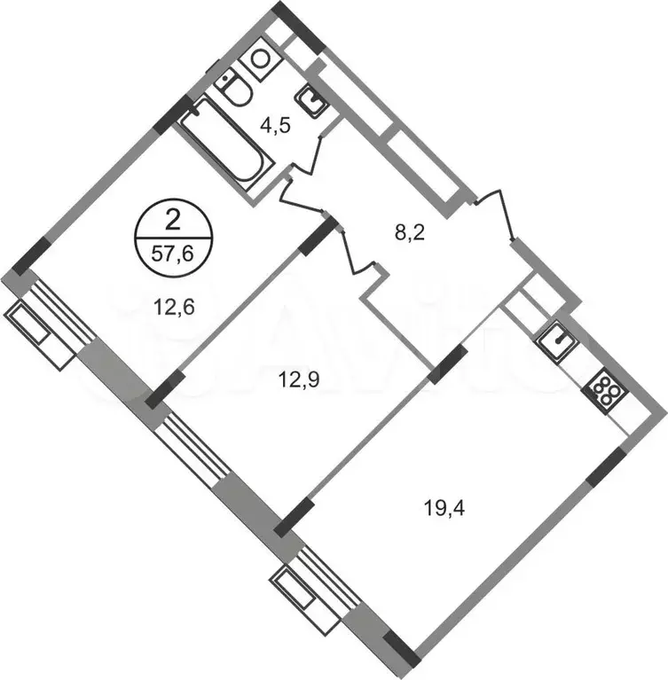 2-к. квартира, 57,6 м, 5/9 эт. - Фото 0