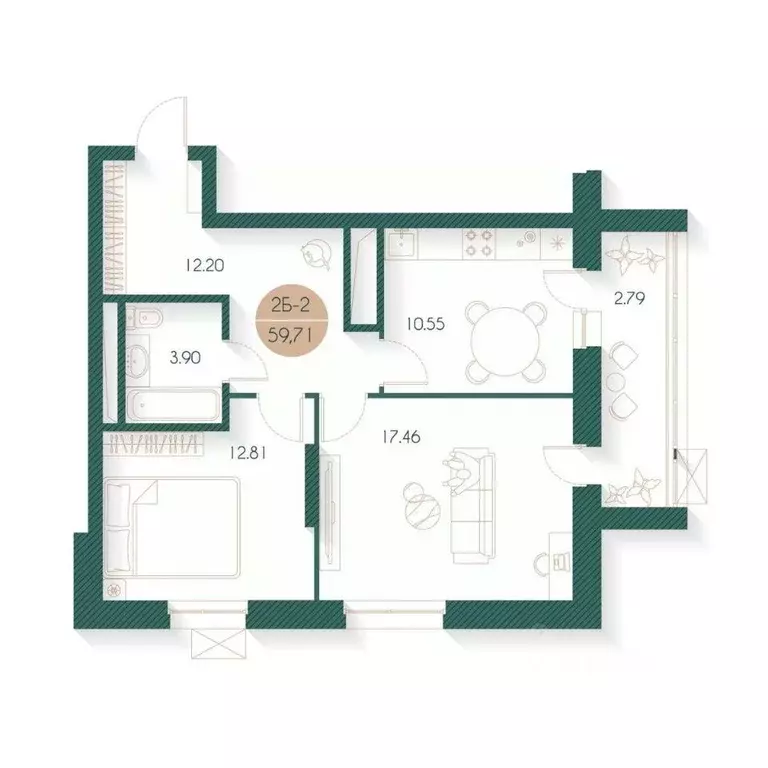 2-к кв. Татарстан, Казань Родины мкр, Наследие жилой комплекс (59.71 ... - Фото 1