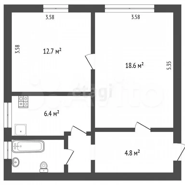 2-к. квартира, 48 м, 1/2 эт. - Фото 0