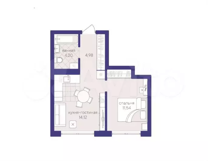 1-к. квартира, 34,8 м, 4/4 эт. - Фото 1