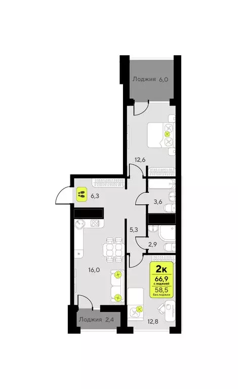 2-комнатная квартира: Тюмень, улица Андрея Приказнова, 1 (67.9 м) - Фото 1