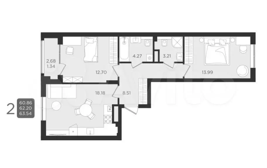 2-к. квартира, 62,5 м, 1/9 эт. - Фото 1