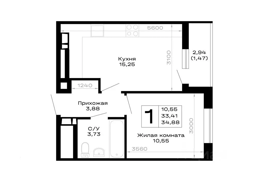 1-к кв. Адыгея, Майкоп  (34.88 м) - Фото 1