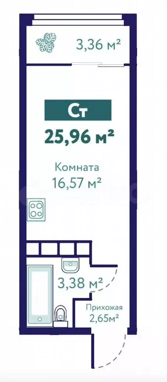 Квартира-студия, 26 м, 9/10 эт. - Фото 1