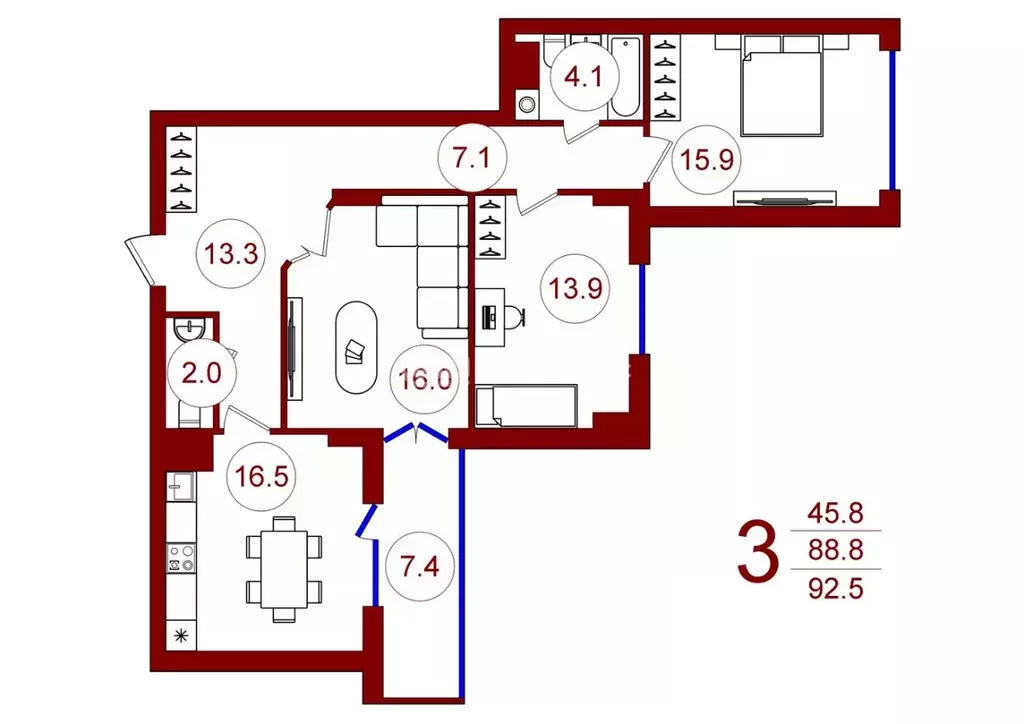 3-к кв. Воронежская область, Воронеж ул. Станкевича, 45к1 (90.6 м) - Фото 0