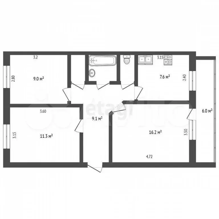 3-к. квартира, 58,2 м, 4/5 эт. - Фото 0