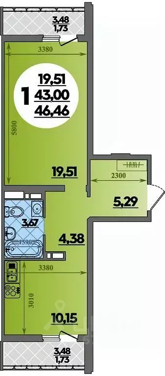 1-к кв. Адыгея, Майкоп  (46.46 м) - Фото 1