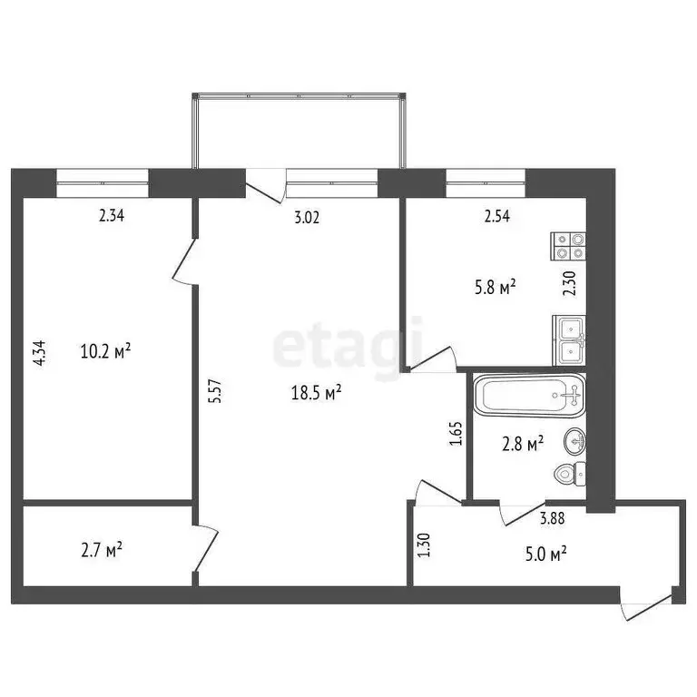 2-комнатная квартира: Чита, Амурская улица, 2 (42.3 м) - Фото 1
