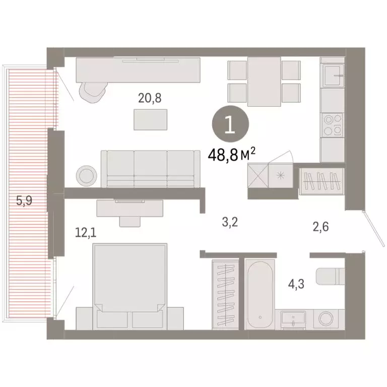 1-комнатная квартира: Тюмень, улица Республики, 205к3 (48.75 м) - Фото 2