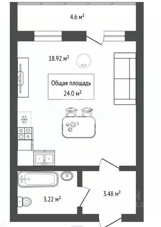 Студия Новосибирская область, Новосибирск Воскресная ул., 54 (24.0 м) - Фото 2