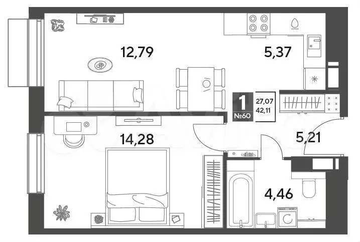 1-к. квартира, 42,1 м, 4/9 эт. - Фото 0