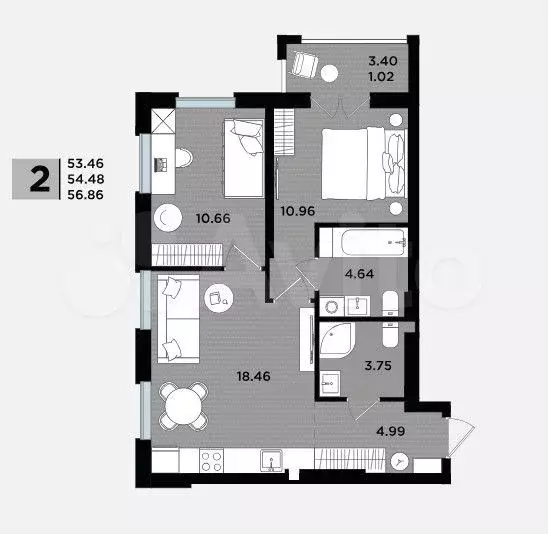 2-к. квартира, 56,7 м, 2/5 эт. - Фото 1