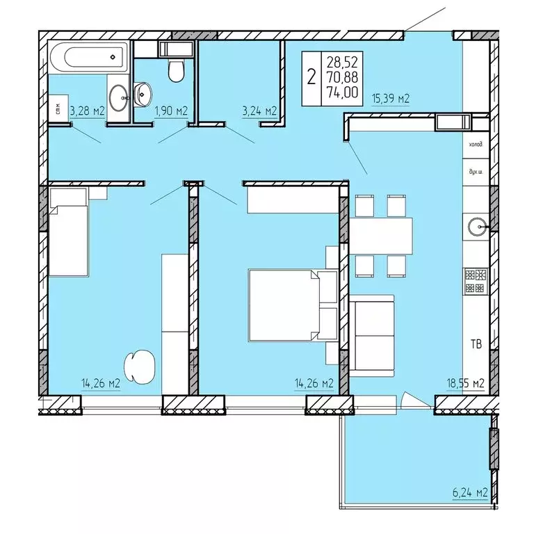 2-комнатная квартира: Калуга, улица Пухова, 58 (74 м) - Фото 1