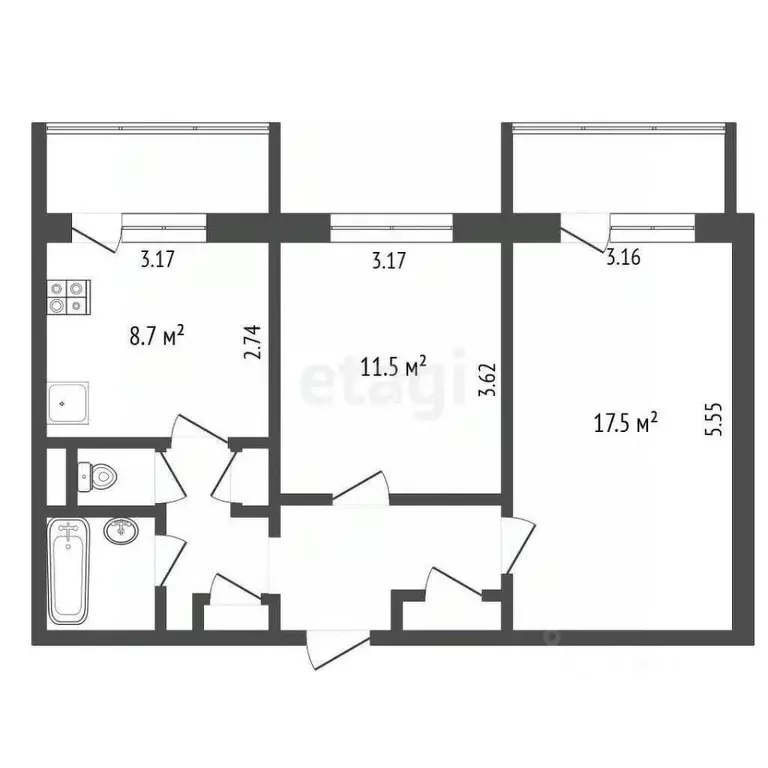 2-к кв. Белгородская область, Белгород ул. Губкина, 35 (51.1 м) - Фото 1