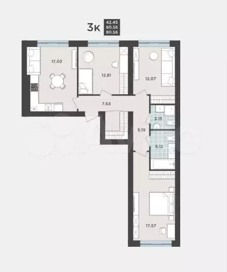 3-к. квартира, 80,6 м, 1/9 эт. - Фото 1