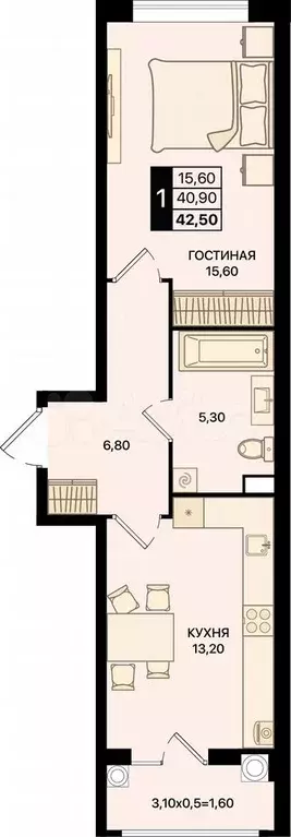 1-к. квартира, 42,5 м, 2/15 эт. - Фото 0
