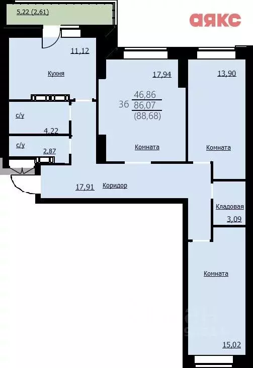 3-к кв. Ярославская область, Ярославль Красноборская ул., 38к3 (88.68 ... - Фото 2