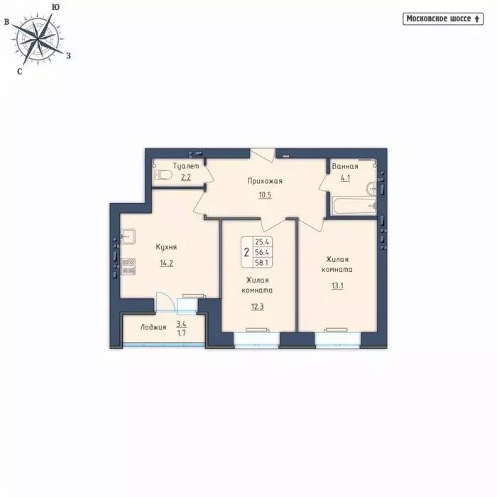 2-к кв. орловская область, орел московское ш, 7б (58.1 м) - Фото 0