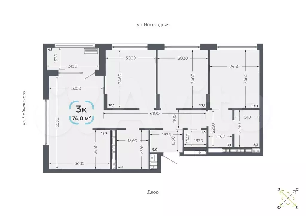 3-к. квартира, 74 м, 3/16 эт. - Фото 1