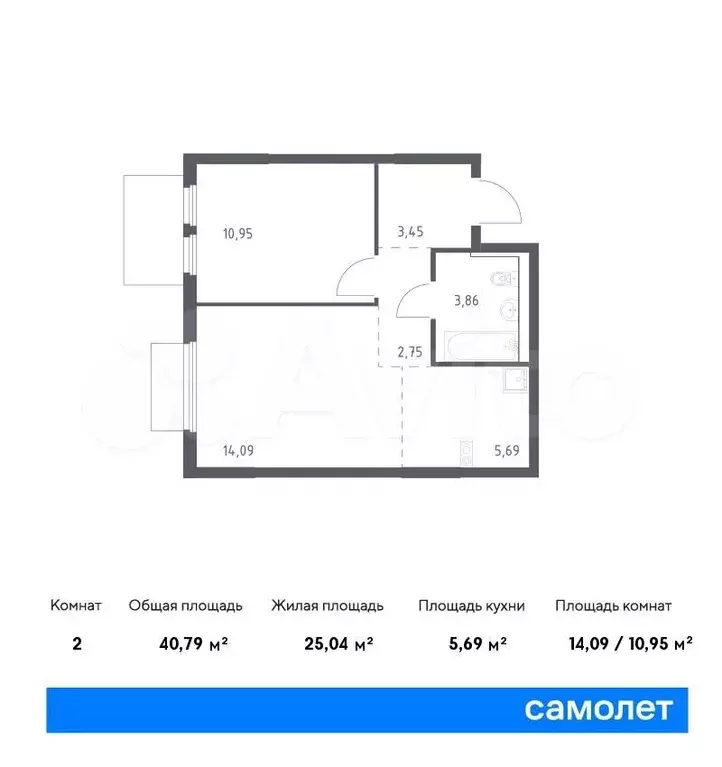 2-к. квартира, 40,8м, 17/17эт. - Фото 0