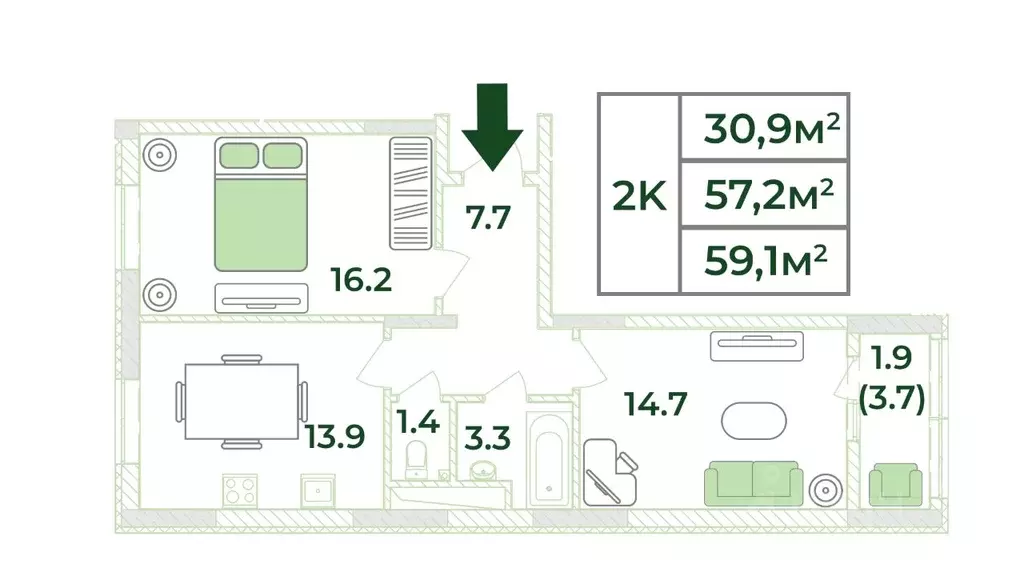 2-к кв. Крым, Симферопольский район, с. Мирное, Жигулина Роща мкр  ... - Фото 1