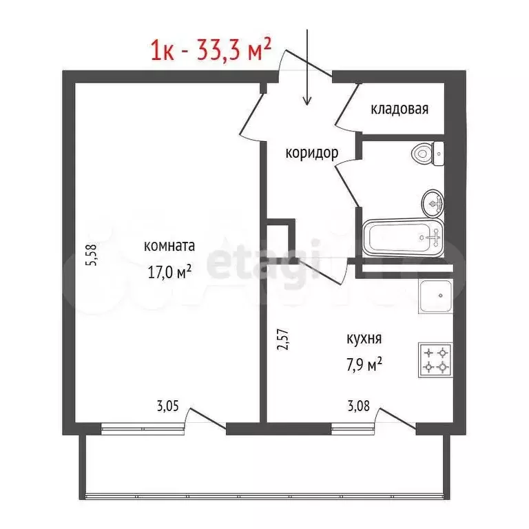 1-к. квартира, 33,3 м, 5/5 эт. - Фото 0