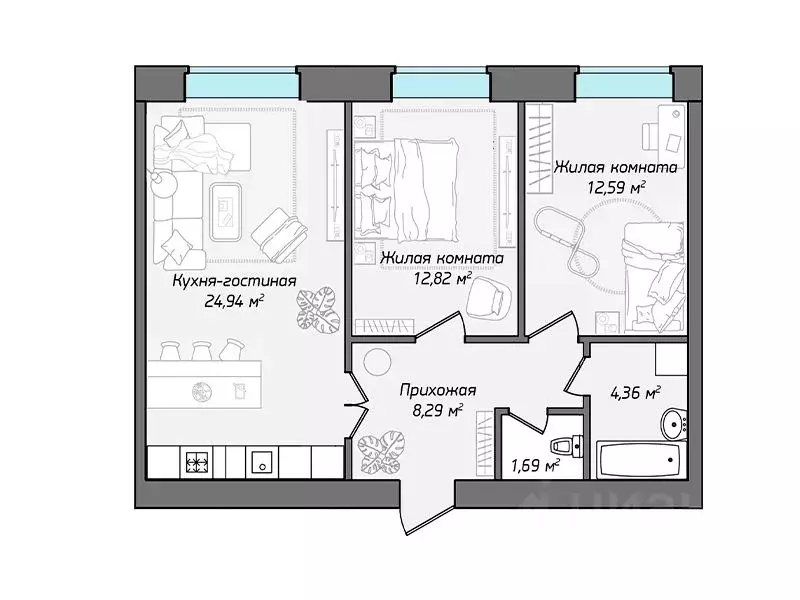 3-к кв. Чувашия, Чебоксары ул. Фридриха Энгельса, поз7 (64.69 м) - Фото 1