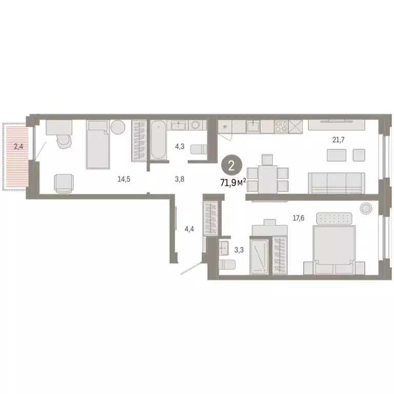 2-комнатная квартира: Тюмень, Мысовская улица, 26к2 (71.94 м) - Фото 1