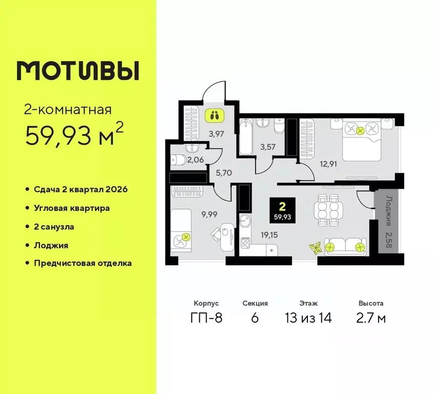 2-к кв. Тюменская область, Тюмень Мотивы жилой комплекс (59.93 м) - Фото 0