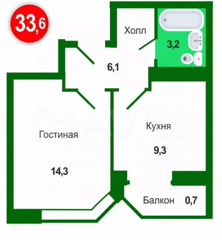 1-к. квартира, 33,6 м, 14/14 эт. - Фото 0