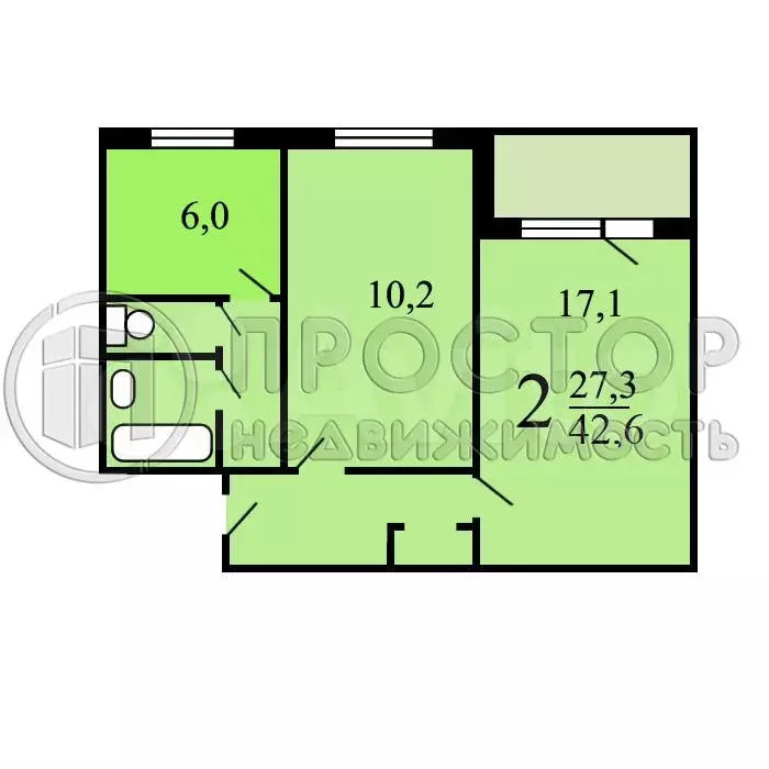 2-к. квартира, 42,6 м, 6/9 эт. - Фото 0