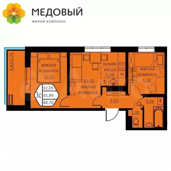 3-к. квартира, 48,7 м, 2/8 эт. - Фото 0