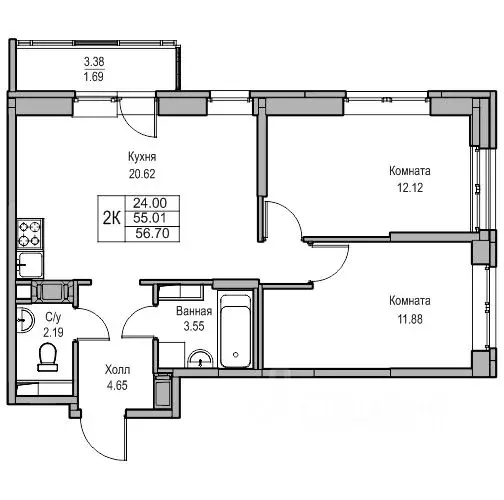 2-к кв. Санкт-Петербург ул. Ивинская, 5к2 (55.01 м) - Фото 0