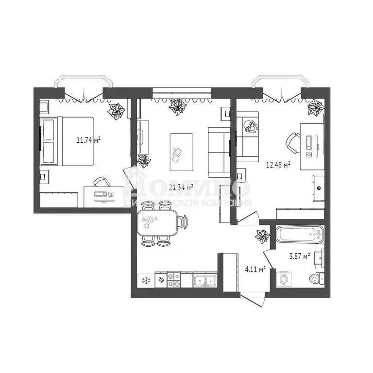 2-комнатная квартира: Тюмень, улица Фармана Салманова, 3 (52.5 м) - Фото 1
