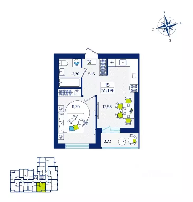 1-к кв. Калининградская область, Зеленоградск  (35.09 м) - Фото 1
