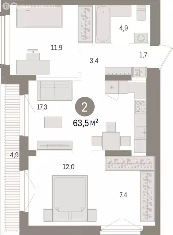 2-комнатная квартира: Новосибирск, улица Аэропорт (63.47 м) - Фото 1