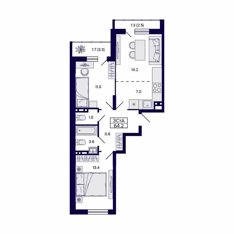 3-комнатная квартира: Новосибирск, улица Коминтерна, 1с (64.2 м) - Фото 1