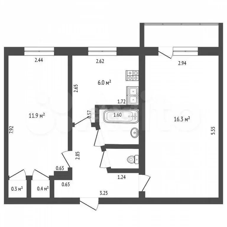 2-к. квартира, 43,9 м, 5/5 эт. - Фото 0