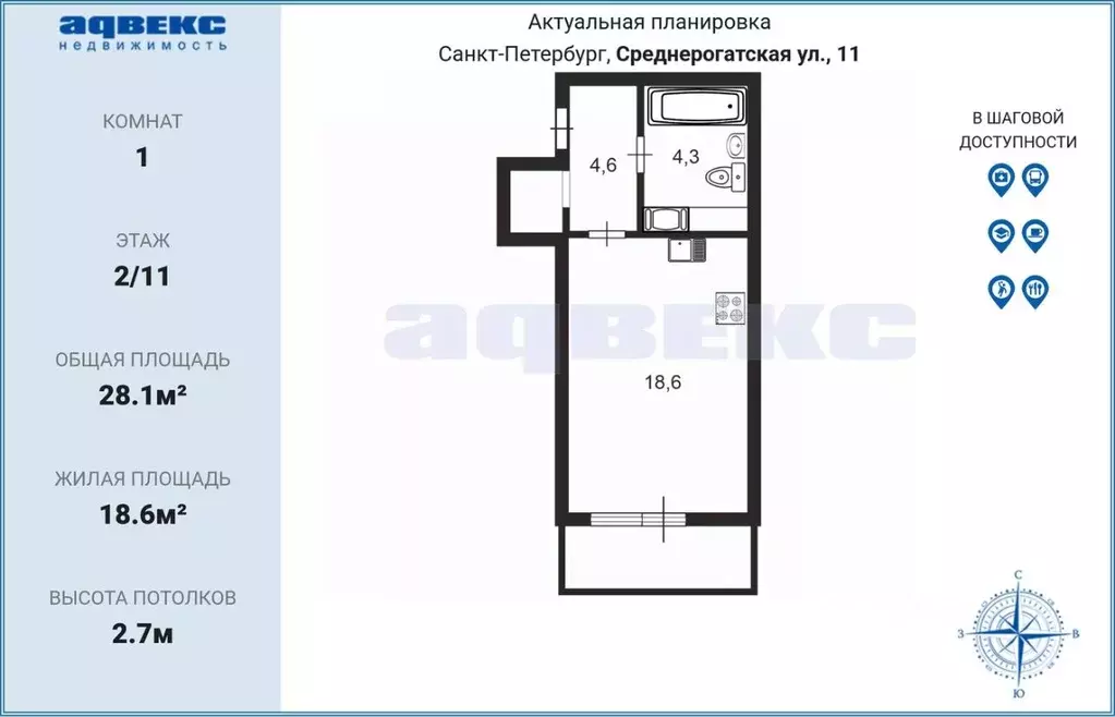 Студия Санкт-Петербург ул. Среднерогатская, 11 (28.1 м) - Фото 1