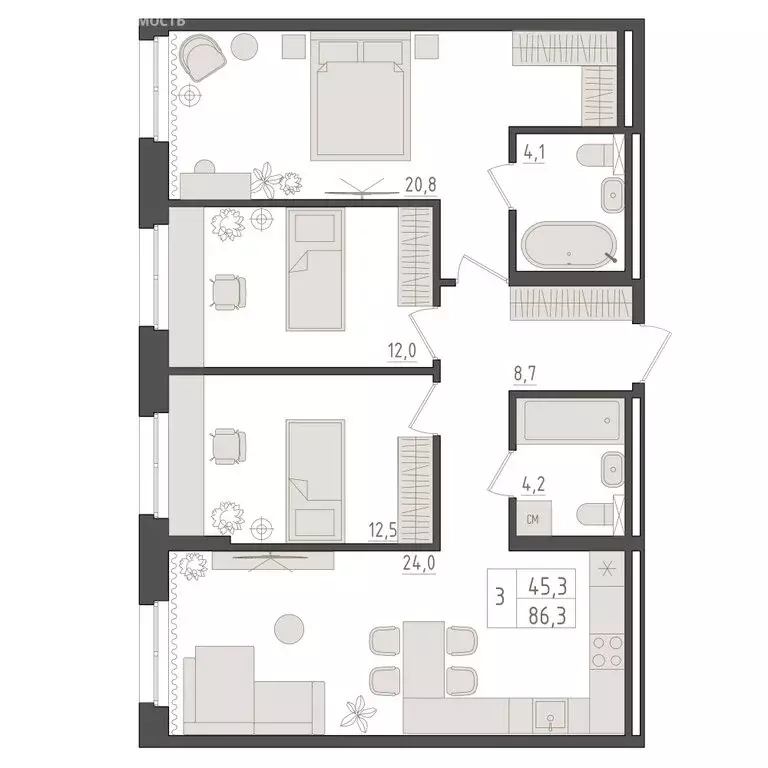 3-комнатная квартира: Уфа, 563-й квартал (86.3 м) - Фото 1