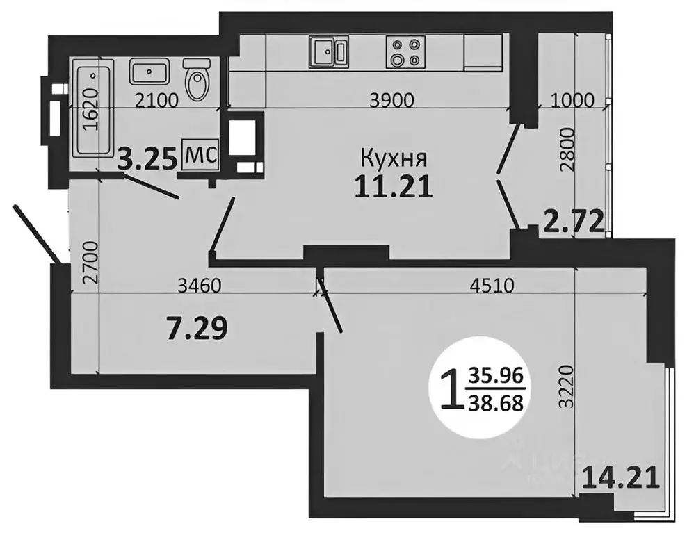 1-к кв. Самарская область, Самара Московское шоссе, 18-й км, 37 (37.0 ... - Фото 2