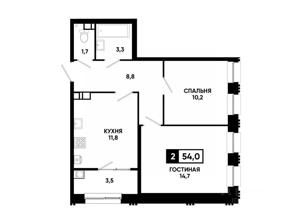 2-к кв. Ставропольский край, Ставрополь ул. Андрея Голуба, 12к8 (54.0 ... - Фото 0