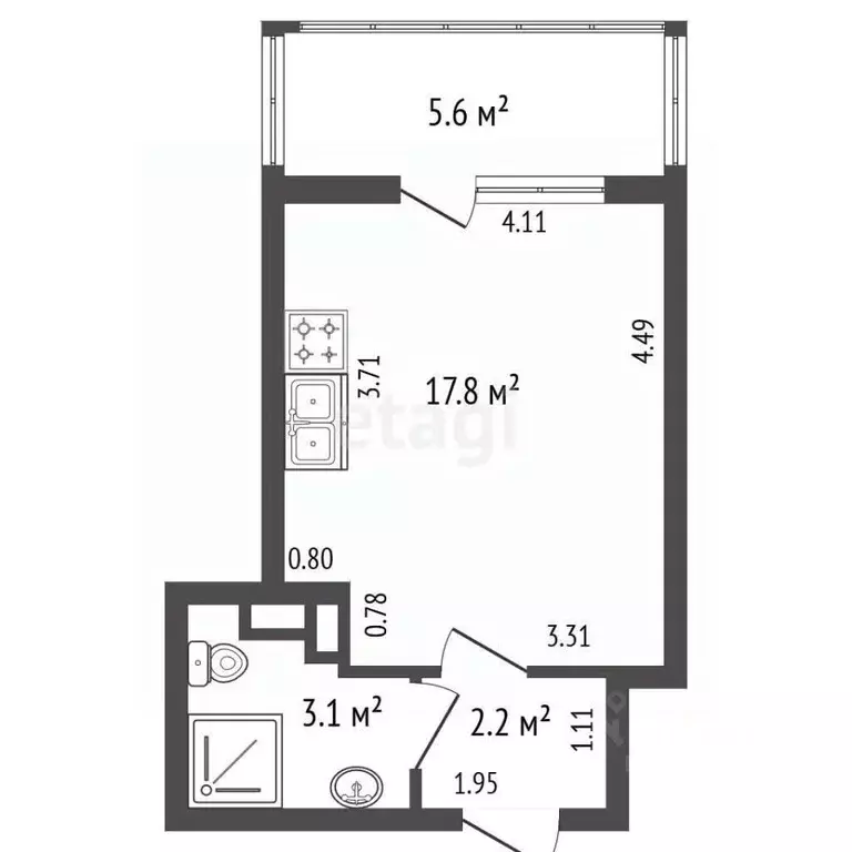 Студия Санкт-Петербург ул. Струве, 14к1 (23.1 м) - Фото 2
