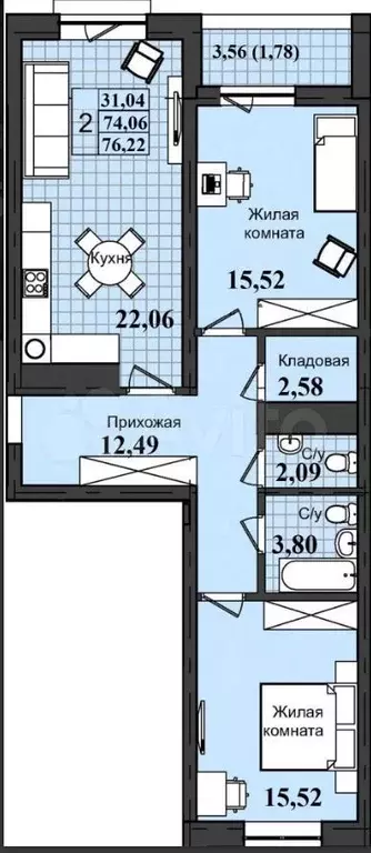 2-к. квартира, 76 м, 2/12 эт. - Фото 0
