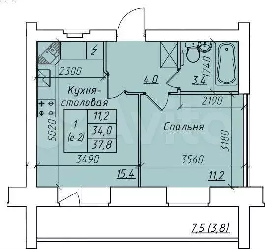1-к. квартира, 38 м, 2/12 эт. - Фото 1