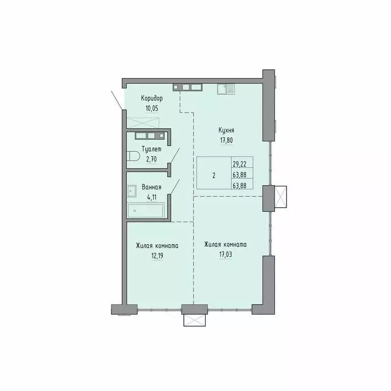 2-комнатная квартира: Хабаровск, улица Шеронова, 20 (63.88 м) - Фото 0