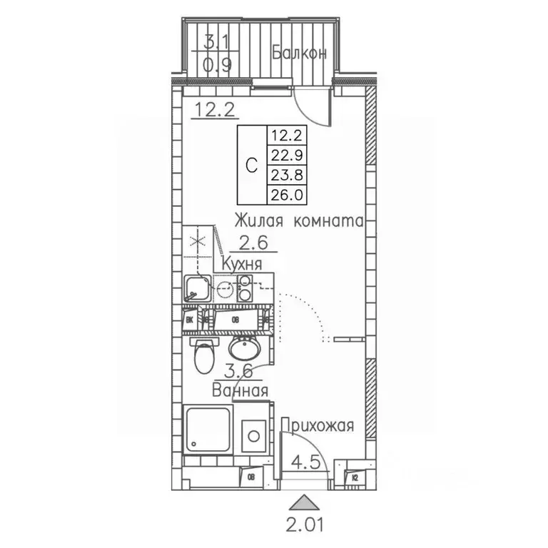 1-к кв. Приморский край, Владивосток ул. Расула Гамзатова, 7к1 (26.0 ... - Фото 1