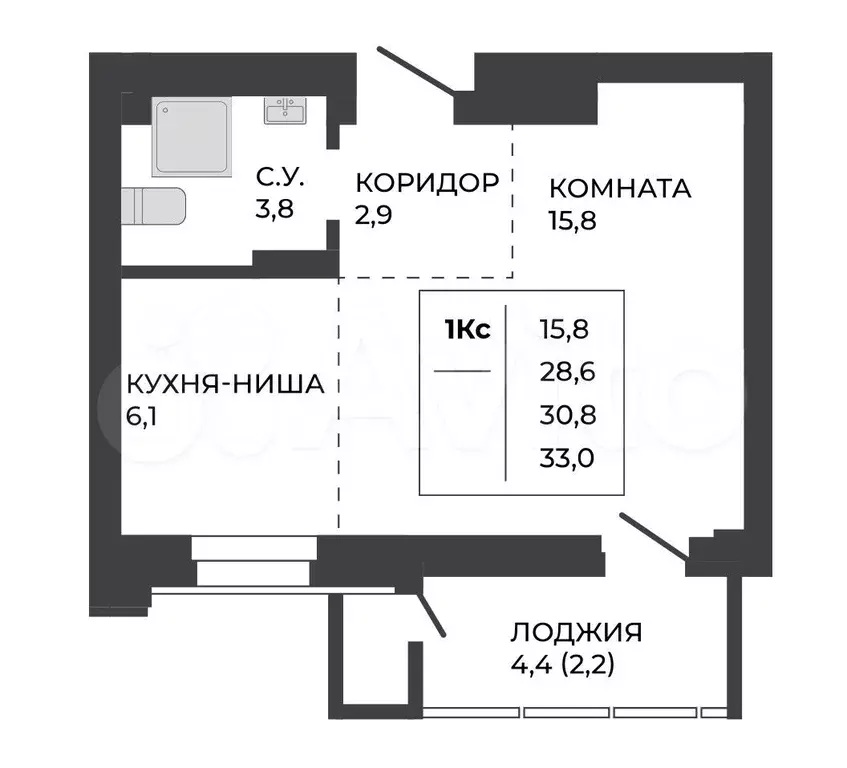 1-к. квартира, 30,8 м, 6/21 эт. - Фото 1